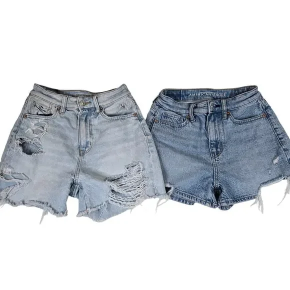 American Eagle 2 Piece Jeans Mom Shorts size 000 Distressed Womens 0690 - Picture 1 of 16